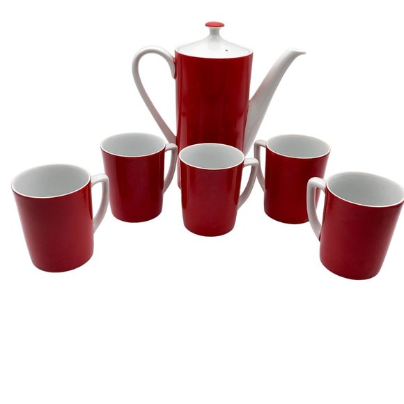 Vintage MCM coffee set Japan red white OCM coffee pot six cups ceramic - Picture 1 of 12